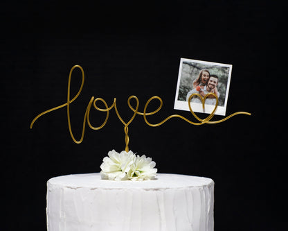 “Love with Heart” Photo Holder Cake Topper – Handmade Wire Wedding & Engagement Cake Decoration – Romantic Keepsake Gift