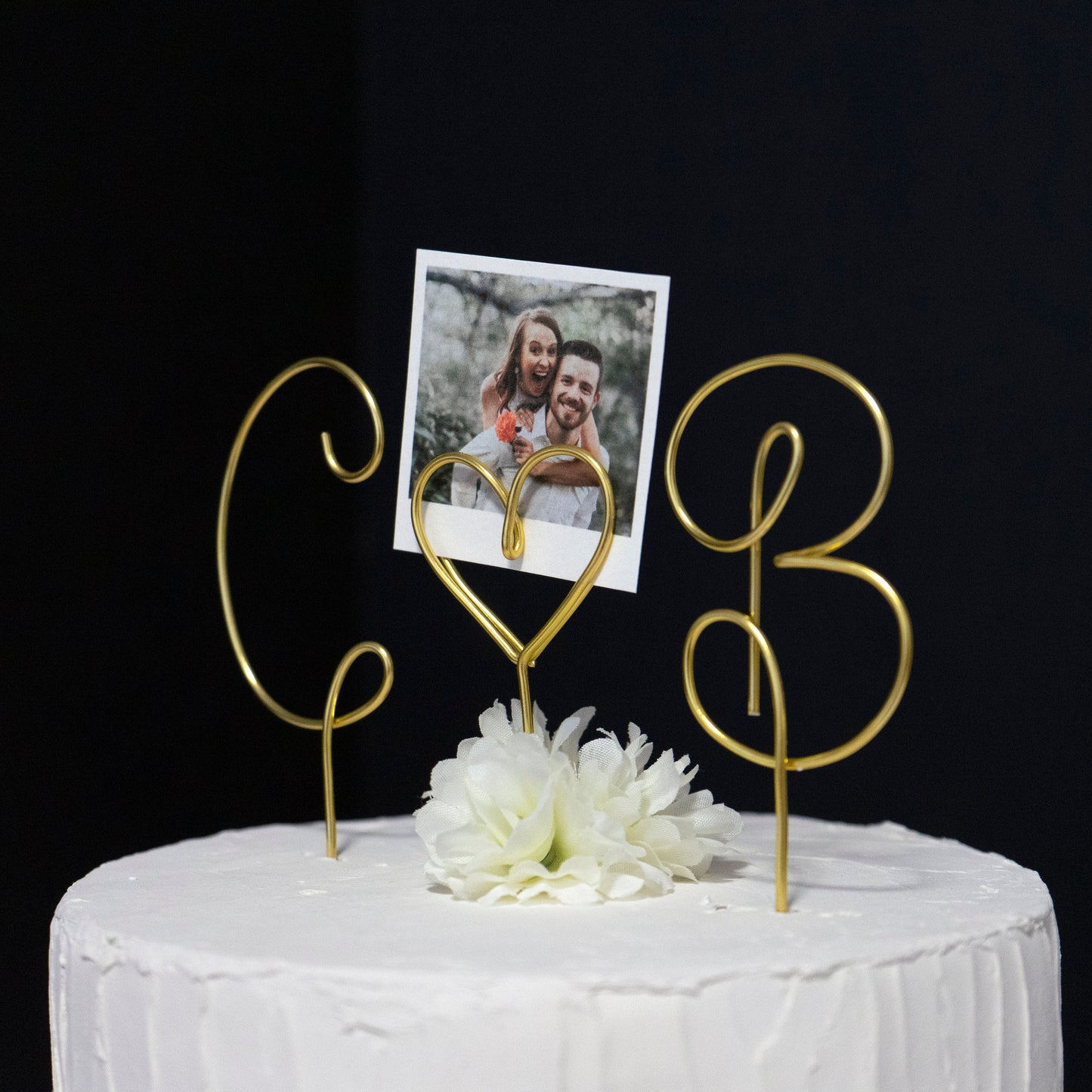 Custom Couple Initials Cake Topper with Heart Photo Holder – Personalized Wire Wedding Topper