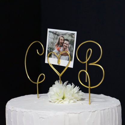Custom Couple Initials Cake Topper with Heart Photo Holder – Personalized Wire Wedding Topper