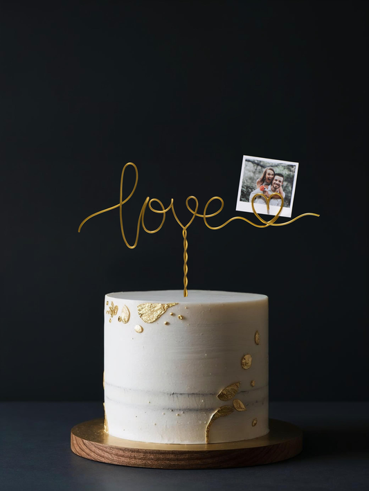 “Love with Heart” Photo Holder Cake Topper – Handmade Wire Wedding & Engagement Cake Decoration – Romantic Keepsake Gift