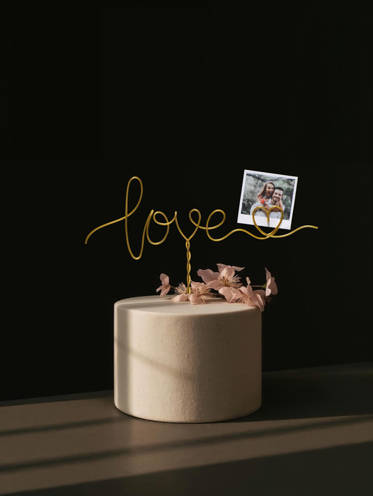 “Love with Heart” Photo Holder Cake Topper – Handmade Wire Wedding & Engagement Cake Decoration – Romantic Keepsake Gift