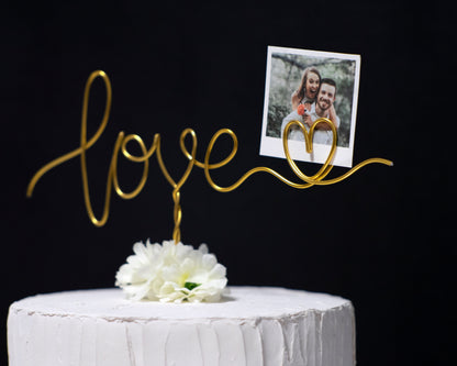 “Love with Heart” Photo Holder Cake Topper – Handmade Wire Wedding & Engagement Cake Decoration – Romantic Keepsake Gift