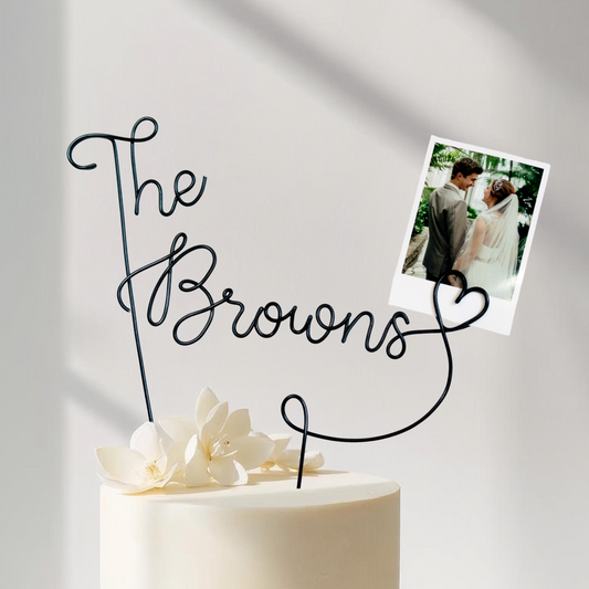 Custom Surname Wedding Cake Topper with Polaroid Photo Holder – Personalized Wire Cake Decoration – Handmade Wedding Keepsake Gift