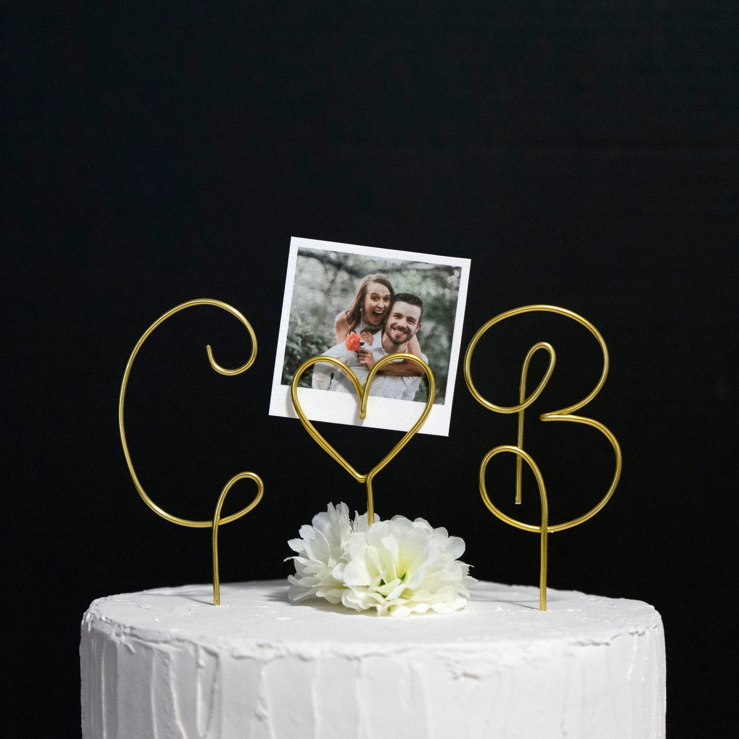 Custom Couple Initials Cake Topper with Heart Photo Holder – Personalized Wire Wedding Topper
