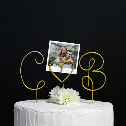 Custom Couple Initials Cake Topper with Heart Photo Holder – Personalized Wire Wedding Topper