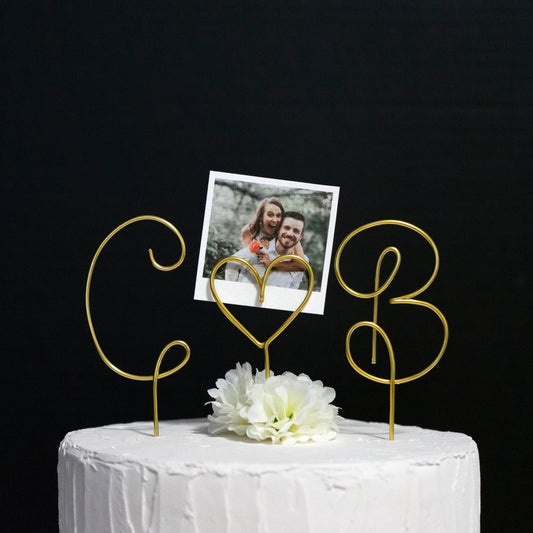 Custom Couple Initials Cake Topper with Heart Photo Holder – Personalized Wire Wedding Topper