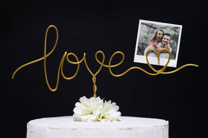 “Love with Heart” Photo Holder Cake Topper – Handmade Wire Wedding & Engagement Cake Decoration – Romantic Keepsake Gift