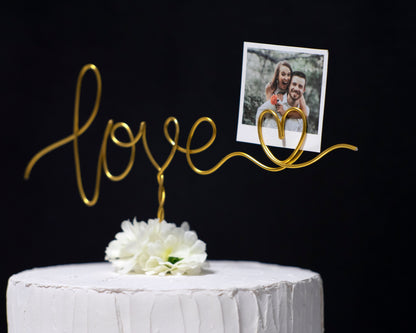 “Love with Heart” Photo Holder Cake Topper – Handmade Wire Wedding & Engagement Cake Decoration – Romantic Keepsake Gift