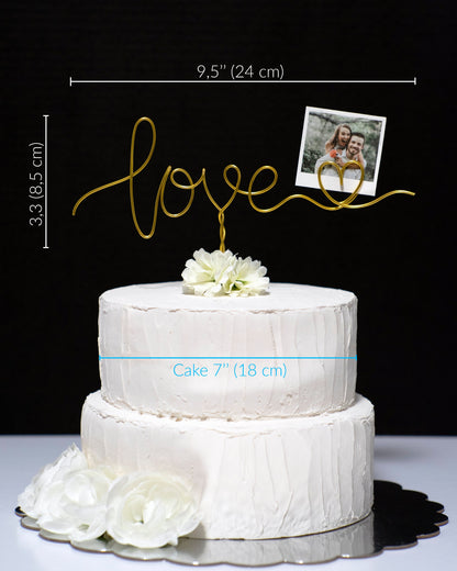 “Love with Heart” Photo Holder Cake Topper – Handmade Wire Wedding & Engagement Cake Decoration – Romantic Keepsake Gift