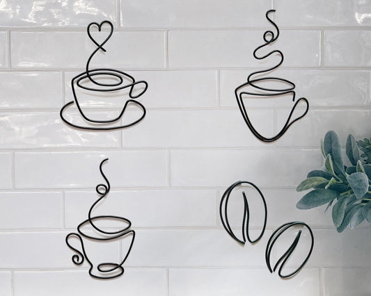 Coffee Mugs & Coffee Bean Wire Wall Art – Handmade Coffee Bar Decor
