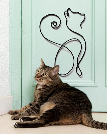 Cat Silhouette Wire Wall Art – Handmade Minimalist Aluminum Home Decor – Gift for Cat Lovers