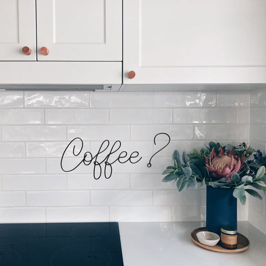 Wire "Coffee?" Wall Art: Ki“Coffee?” Wire Wall Art – Handmade Kitchen & Coffee Bar Décor – Minimalist Aluminum Wall Sign Gift for Coffee Loverstchen Cafe Decor